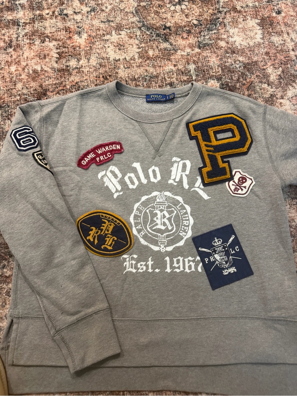 Polo Ralph Lauren Patchwork Varsity Sweatshirt Gray Game Warden PRLC Rare